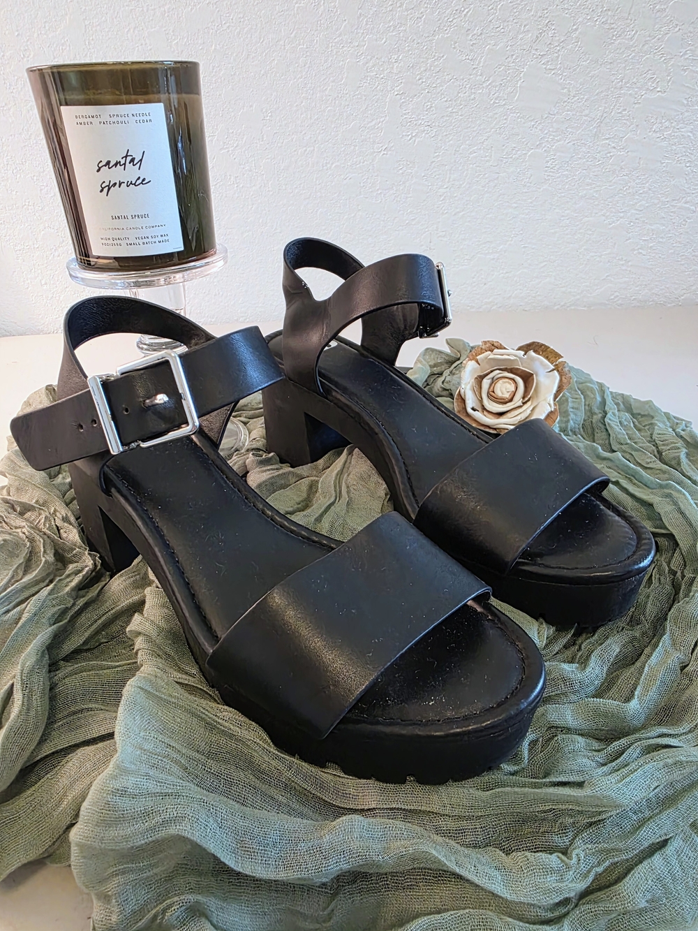 Black Platform Sandals with Buckle Ankle Strap